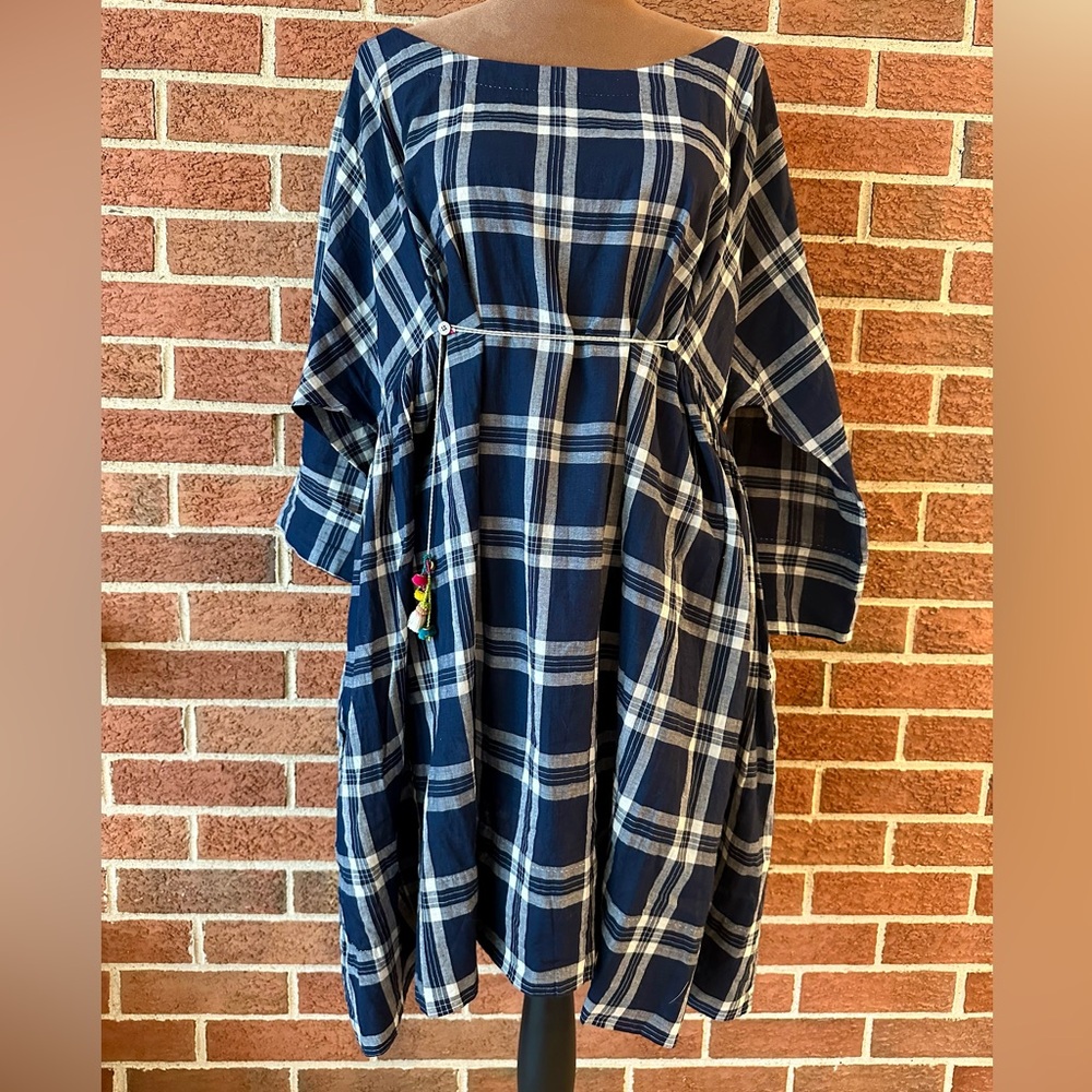 pero Plaid Shirt Dress, Navy White Tassels, Boat Neck, 3/4 Sleeve, 38 EU 6 US